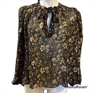 ULLA JOHNSON 100% Silk brown floral/paisley puff shoulder long sleeve Blouse -